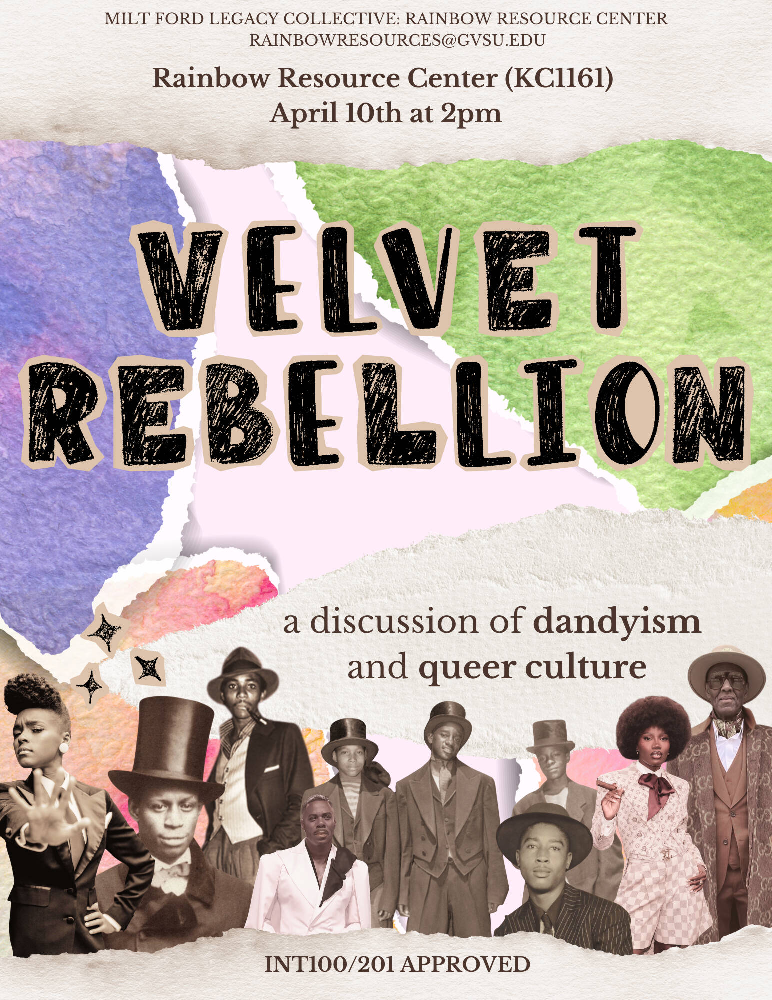 colorful paper makes up the background with bold text reading "velvet rebellion"